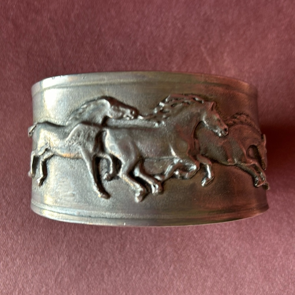 Galloping Horses Cuff Bracelet Handmade artist USA in silvery pewter